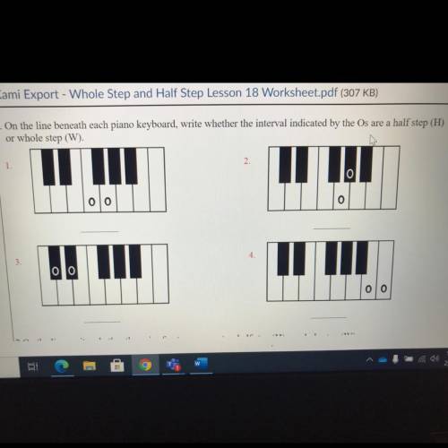 On the line beneath each piano keyboard, write whether the interval indicated by the Os are a half
