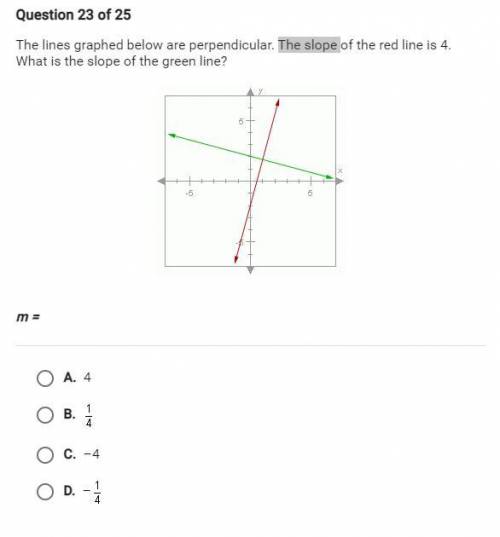 the lines graphed below are perpendicular. The slope of the red line is 4. what is the slope of the