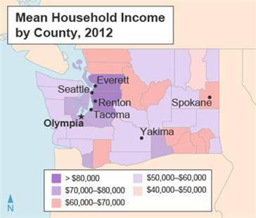 This map shows mean household income in Washington counties.

What does the map indicate about the