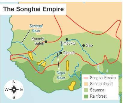 Study the map carefully. How did the features of the Songhai territory strengthen the empire?