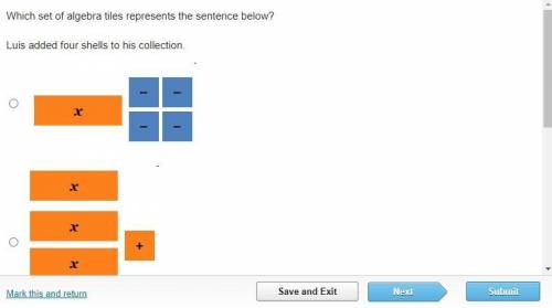 Which set of algebra tiles represents the sentence below?

Luis added four shells to his collectio
