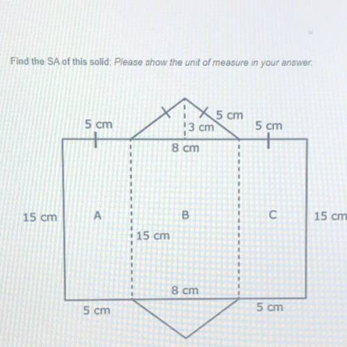 *PLEASE FIND THE ANSWER QUICK* Find the SA of this solid. please show the unit measure in your