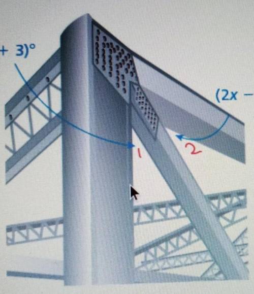 Three support beams for a bridge form a pair of complementary angles. Find the measure of angle 1.