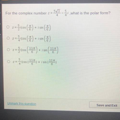 For the complex number z=5sqrt3/4 - 5/4i, what is the polar form?