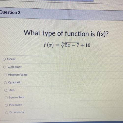 What type of function is f(x)?
f(x) = 5x – 7+10
ear
Someone tell me plz