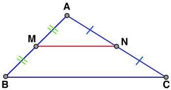 In triangle ABC , M and N are midpoints of sides. If MN = 2x + 5 and BC = x2 − 2, find the possible