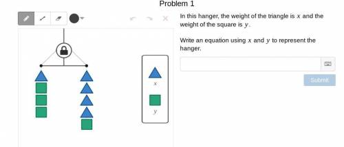 The weight of the triangle is x and the weight of the square is y.

Write an equation using x and