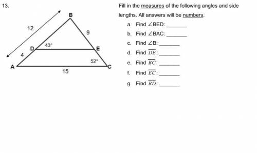 Fill in the ​measures​ of the following angles and side lengths. All answers will be ​numbers​.