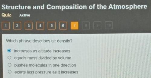 Which phrase describes air density? increases as altitude increases Ο Ο Ο equals mass divided by vo