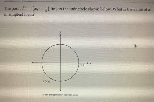 PLEASE HELP ITS DUE TONIGHT

The point P = (x, (-1/4)) lies on the unit circle shown below what is