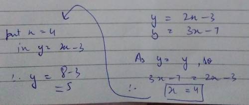 What is the y value of y=2x-3 and y=3x-7