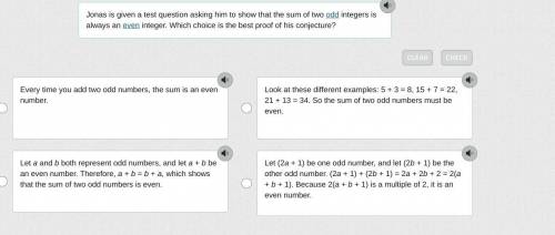 Jonas is given a test question asking him to show that the sum of two odd integers is always an eve