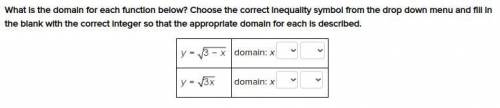 What is the domain for each function below? Choose the correct inequality symbol from the drop-down