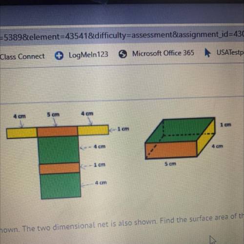 A right rectangular prism is shown. The two dimensional net is also shown. Find the surface area of