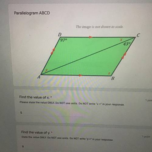 Parallelogram ABCD easy question need help!
What is the value of x, y & z