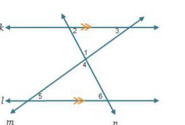 Lines k and l are parallel. Lines m and n intersect to form 2 triangles. The top triangle has angle
