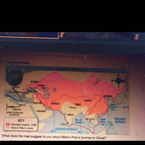 What does the map suggest to you about Marco Polo's journey to China?

A He traveled almost entire