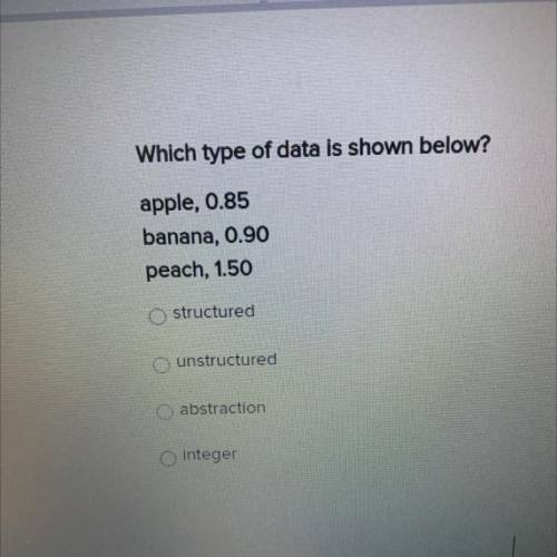 Which type of data is shown below?

apple, 0.85 
banana, 0.90 
peach, 1.50
multiple choice:
struct