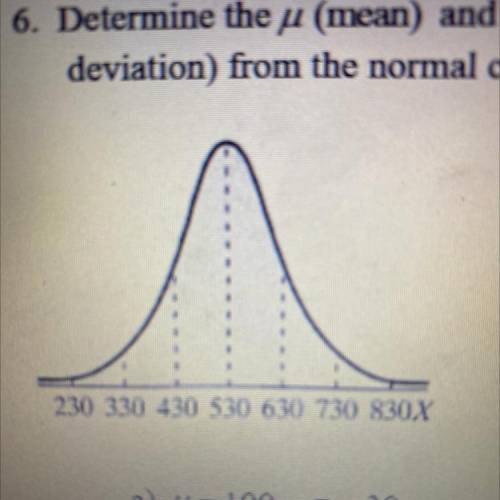 6. Determine the u (mean) and o (standard

deviation) from the normal curve.
a) u=100 0=30
b) u =