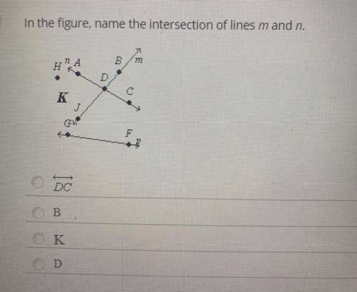 In the figure, name the intersection of lines m and n.

B
m
H
K
j
DC
B
K
A