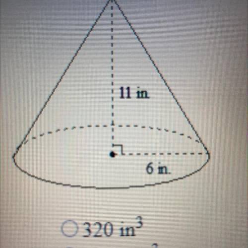 Find the volume of the given cone.
A.320 in
B.1,244 in
C.415 in
D.622 in