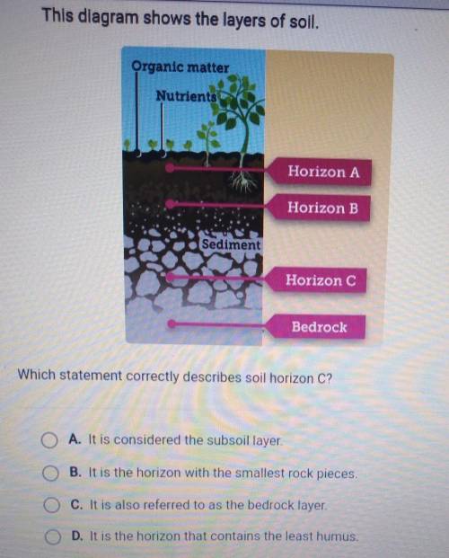 Which statement correctly describes soil horizon C? A. It is considered the subsoil layer. B. It is