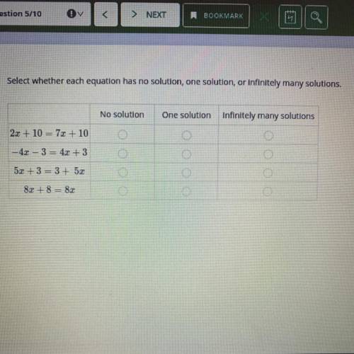 Select whether each equation has no solution, one solution, or infinitely many solutions.( I need h
