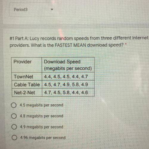 10 points

#1 Part A: Lucy records random speeds from three different Internet
providers. What is