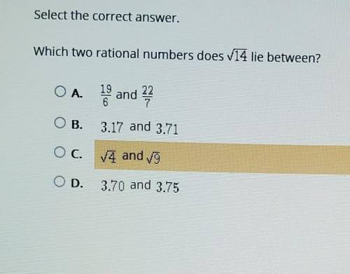 Select the correct answer. Which two rational numbers does 24 lie between? СА. and 22 7 OB. 3.17 an
