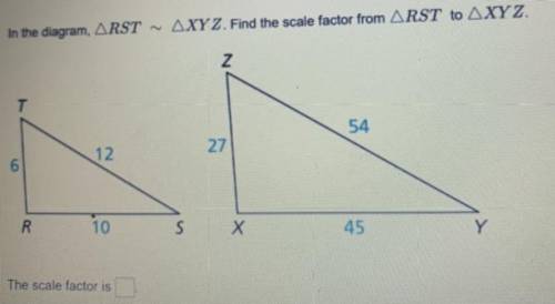 In the diagram, ARST ~ AXYZ. Find the scale factor from ARST to AXYZ.

Z
T
54
12
27
6
R
10
S
Х
45