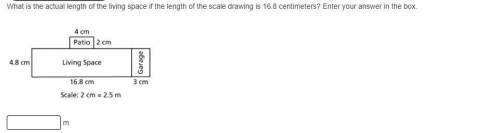 What is the actual length of the living space if the length of the scale drawing is 16.8 centimeter