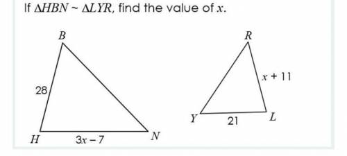 If triangle HBN ~ triangle LYR, find the value of x.