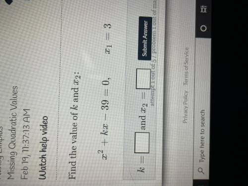 Can someone pls help me xo. fins value of k and x^2. x2+kx-39=0 x1=3