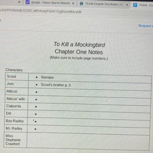 To Kill a Mockingbird

Chapter One Notes
(Make sure to include page numbers.)
Characters
Scout
Nar