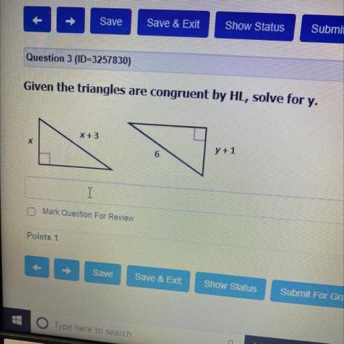 Given the triangles are congruent by HL solve by y(need answers by 4:30pm