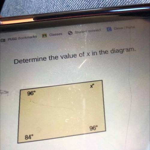 Determine the value of x in the diagram.
96°
X
84°
96°