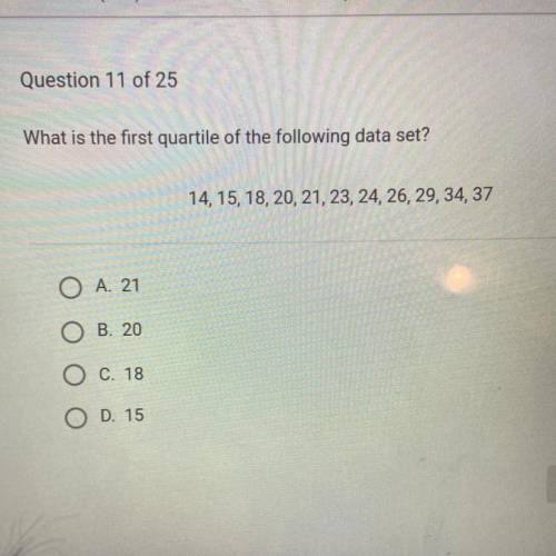 What is the first quartile of the following data set?

14, 15, 18, 20, 21, 23, 24, 26, 29, 34, 37