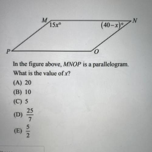 In the figure above if MNOP is a parallelogram, what is the value of x?