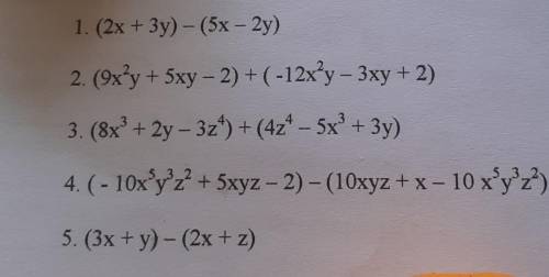 B. Perform the following operations on polynomials.

1. (2x + 3y) - (5x – 2y)2. (9x²y + 5xy - 2) +