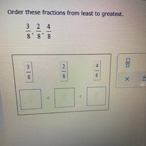 Order these fractions from least to greatest.
3/8, 2/8 , 4/8