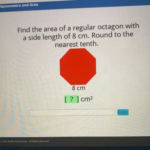 Find the area of a regular octagon with

a side length of 8 cm. Round to the
nearest tenth.
8 cm
[
