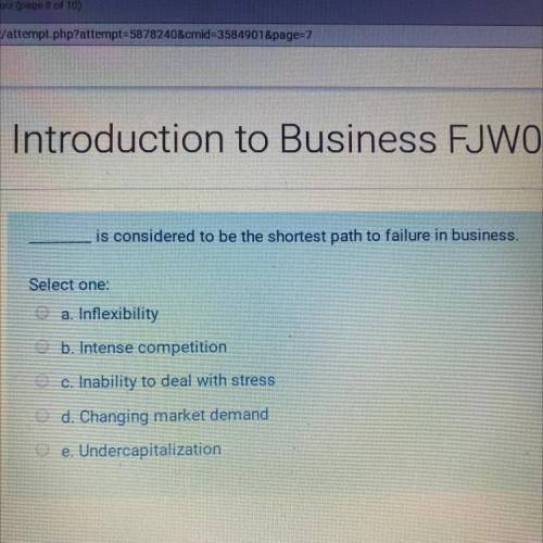 Is considered to be the shortest path to failure in business.

Select one:
O a. Inflexibility
O b.