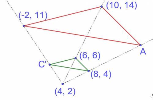 The green triangle is a dilation of the red triangle with a scale factor of s=13 and the center of