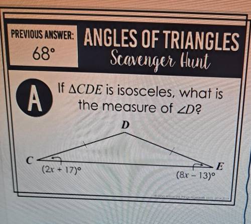 If triangle CDE is isosceles,what is the measure of angle D​