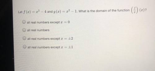 Let f (x) = x2 – 4 and g(x) = x2 – 1. What is the domain of the function (1) (x)?

all real number