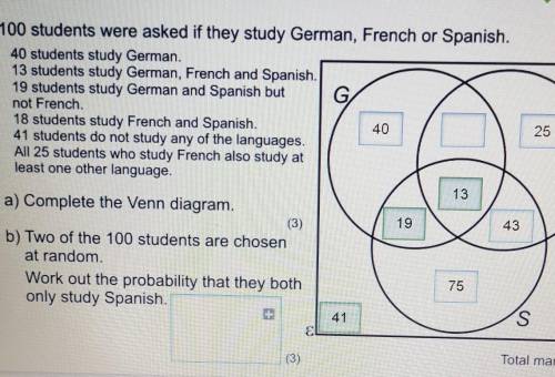 HELP ASAP!!!

100 students were asked if they study German, French or Spanish.40 students study Ge