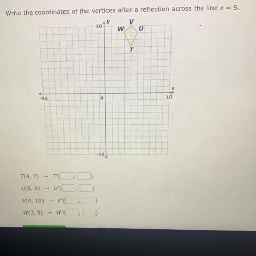 HURRY , Write the coordinates of the vertices after a reflection across the line x = 5. (will give