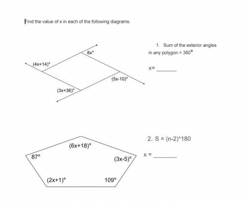 Find the value of x in each of the following diagrams