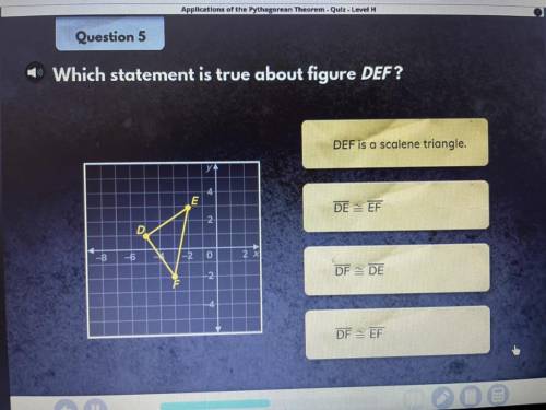 Question 5

Which statement is true about figure DEF?
DEF is a scalene triangle.
ya
4
E
DEEF
2
D
-