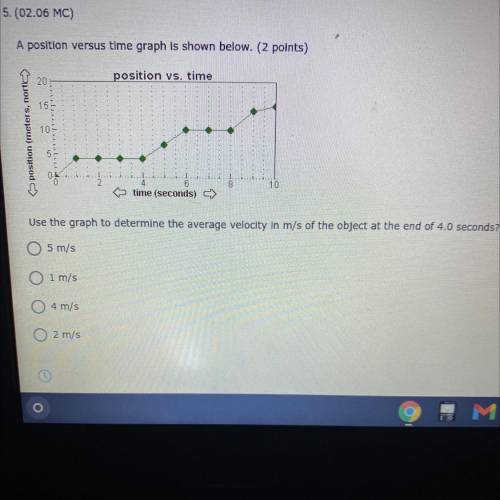 Use graph to determine the average velocity in m/s of the object at the end of 4.0 seconds? Pls hel
